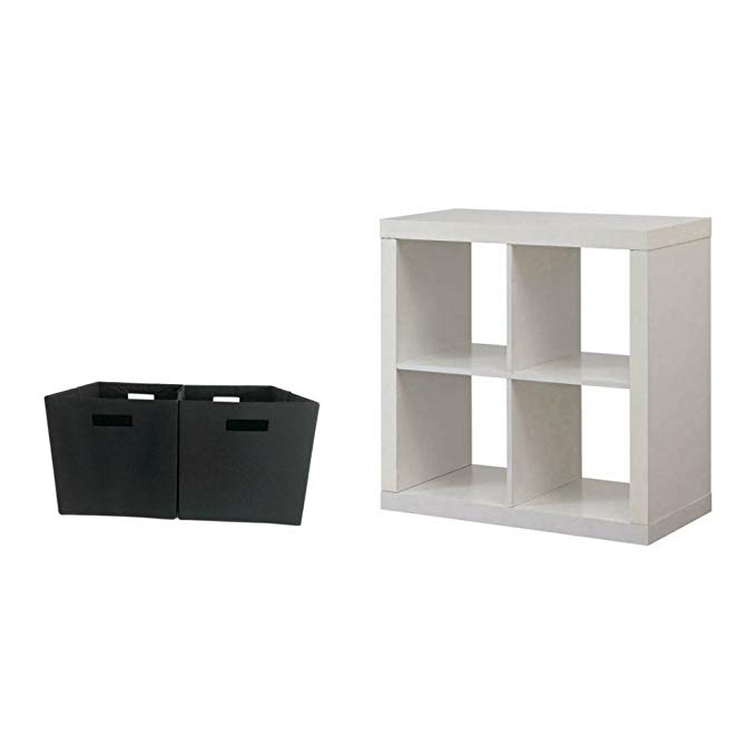 Better Homes and Gardens Bookshelf Square Storage Cabinet 4-Cube Organizer White with Storage Bin Black trellis