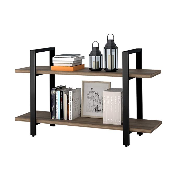 WLIVE 2-Tier Bookcase and Shelves in Rustic Industrial Style, Free Standing Storage Shelf Units (2-Tier)