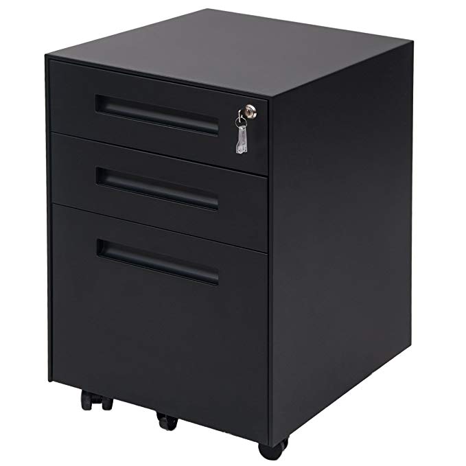 ModernLuxe 3-Drawer Metal Mobile File Cabinet with Lock Fully Assembled Except Casters (Black)