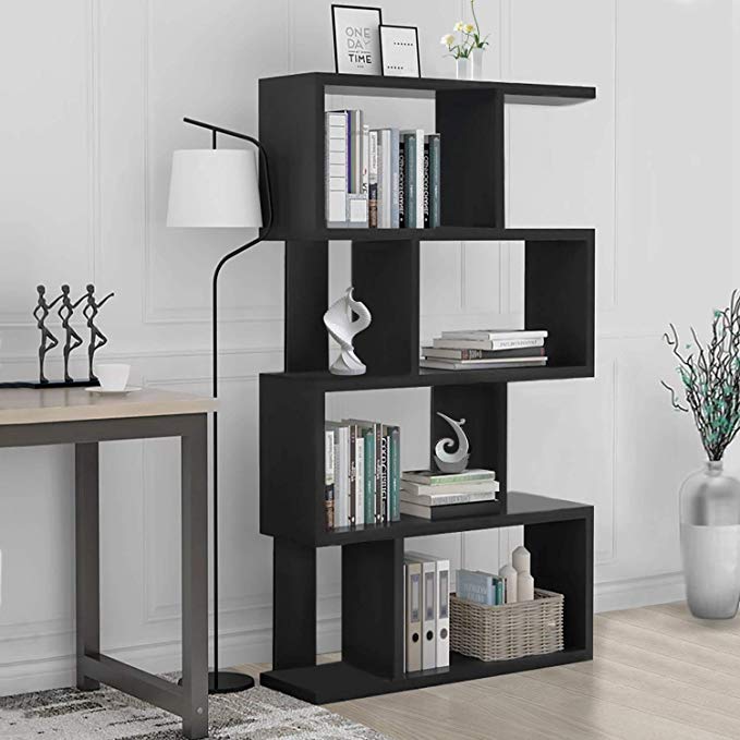 S Shaped Bookcase Z-Shelf Style Bookcase Asymmetrical Snaking Bookcase Storage Display Modern Industrial Bookshelf