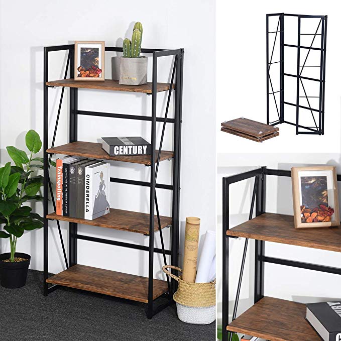 Framodo 4-Tier Folding Bookcase Shelf Organizer, No-Assembly Sturdy Foldable Rustic Stand Storage Shelves