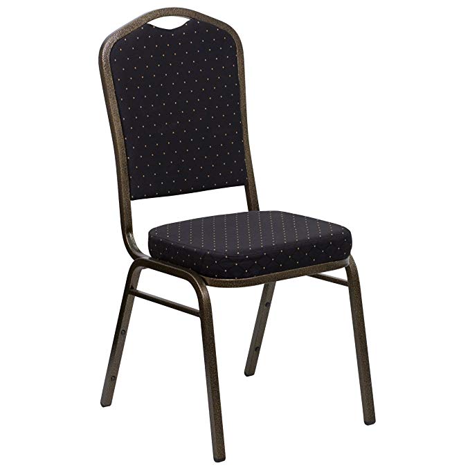 HERCULES Series Crown Back Stacking Banquet Chair with 2.5'' Thick Seat Black Patterned/Gold Vein Frame/Fabric
