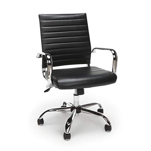 Essentials Soft Ribbed Leather Executive Conference Chair with Arms - Ergonomic Adjustable Swivel Chair, Black/Chrome (ESS-6095-BLK)