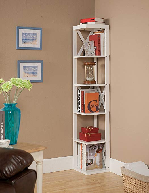 Kings Brand Furniture Wood Wall Corner 5 Tier Bookshelf Display Stand, White