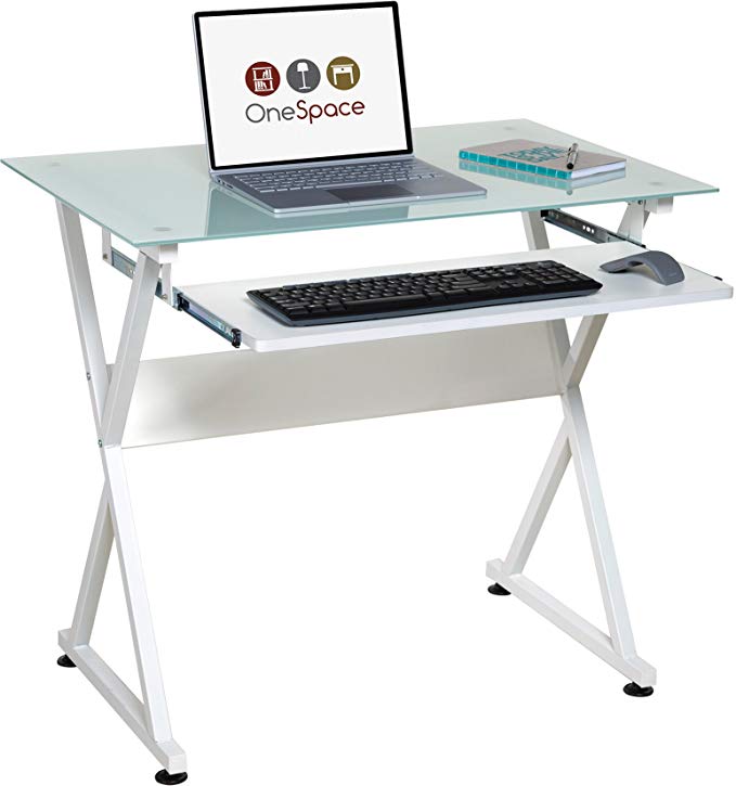 OneSpace Ultramodern Glass Computer Desk, with Pull-Out Keyboard Tray, White
