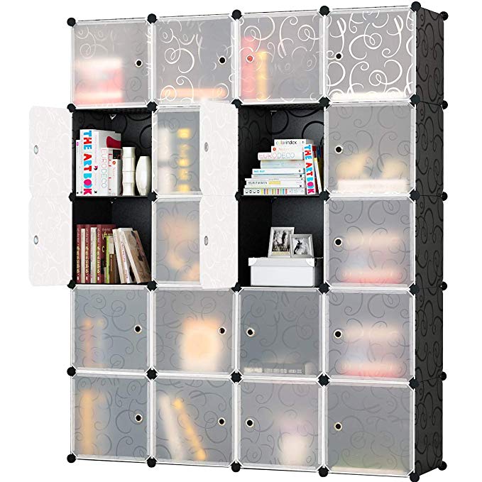 KOUSI Portable Storage Shelf Cube Shelving Bookcase Bookshelf Cubby Organizing Closet Toy Organizer Cabinet, Black with White Doors, 20 Cubes