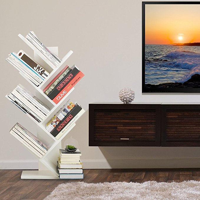 WSTECHCO 7 Shelf Tree Bookshelf Compact Book Rack Bookcase Display Storage Furniture for CDs, Movies & Books Holds Up to 7 Books Per Shelf (White)
