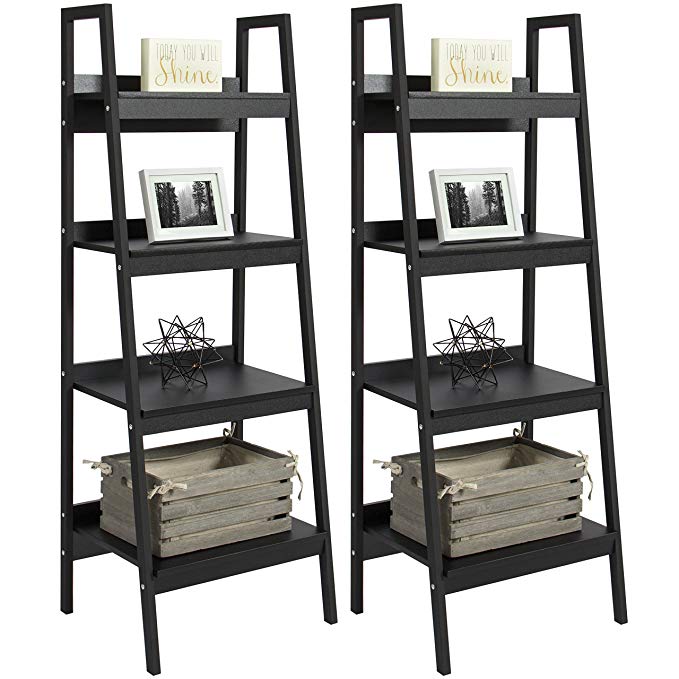 Best Choice Products Set of 2 4-Shelf Modern Open Wooden Ladder Bookcase Storage Display Organizer Decor w/Metal Framing - Black