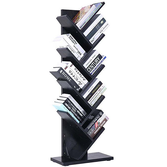 SUPERJARE 9-Shelf Tree Bookshelf | Thickened Compact Book Rack Bookcase | Display Storage Furniture for CDs, Movies & Books | Holds Up to 10 Books Per Shelf | Black